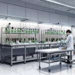 Interior de un laboratorio biotecnológico moderno con equipos de alta tecnología y pantallas digitales activas