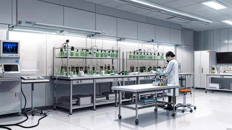 Interior de un laboratorio biotecnológico moderno con equipos de alta tecnología y pantallas digitales activas