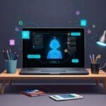 Móvil moderno sobre escritorio con interfaz de chatbot en pantalla, rodeado de elementos escolares y laptop abierta en segundo plano