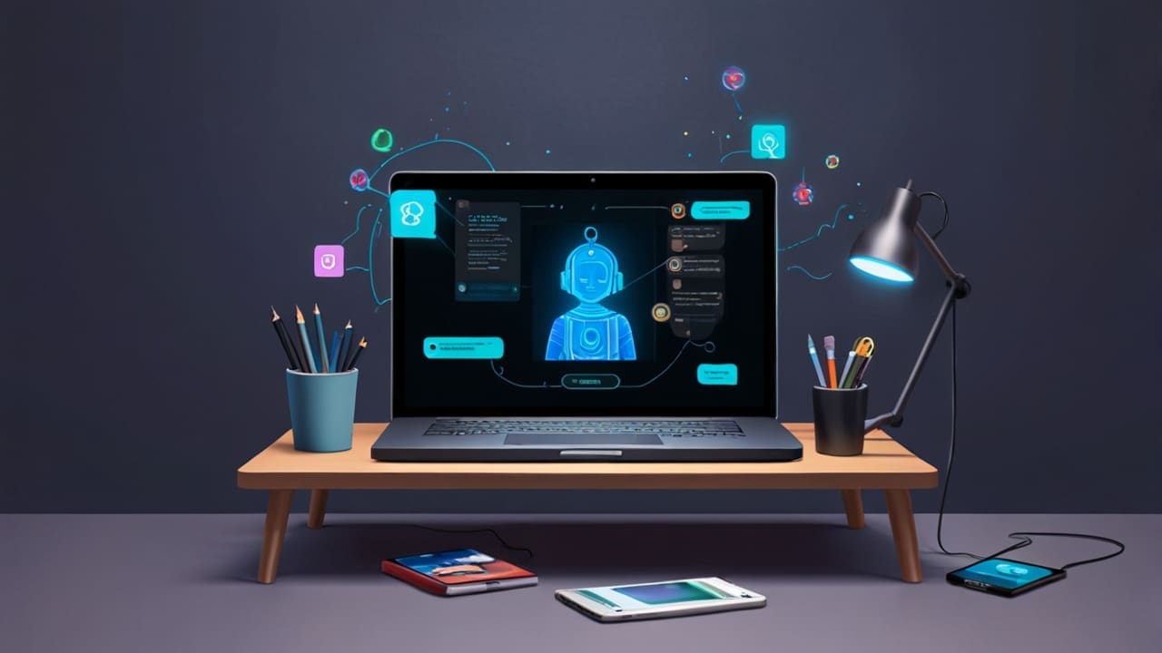 Móvil moderno sobre escritorio con interfaz de chatbot en pantalla, rodeado de elementos escolares y laptop abierta en segundo plano