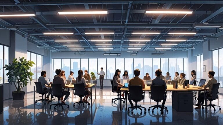 Vista interior de un centro de innovación con emprendedores reunidos alrededor de mesas, pantallas encendidas y ambiente tecnológico moderno