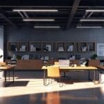 Espacio moderno con mesas de trabajo, laptops, pantallas digitales y emprendedores colaborando en un entorno universitario