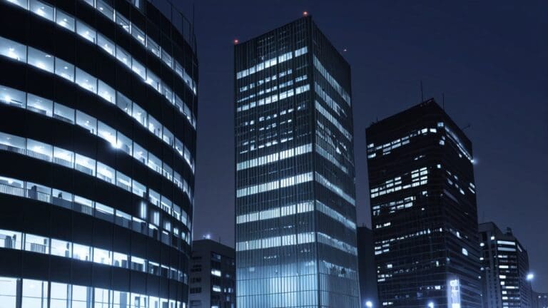 Edificios modernos en un distrito financiero europeo con luces encendidas al anochecer