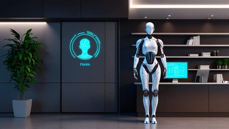 Oficina moderna con pantallas digitales y un robot asistente virtual en una interfaz futurista