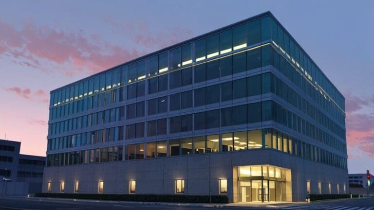 Edificio moderno de oficinas iluminado al anochecer, representando tecnología y negocios globales.