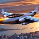 Concepto futurista de avión innovador volando sobre una ciudad moderna al atardecer.