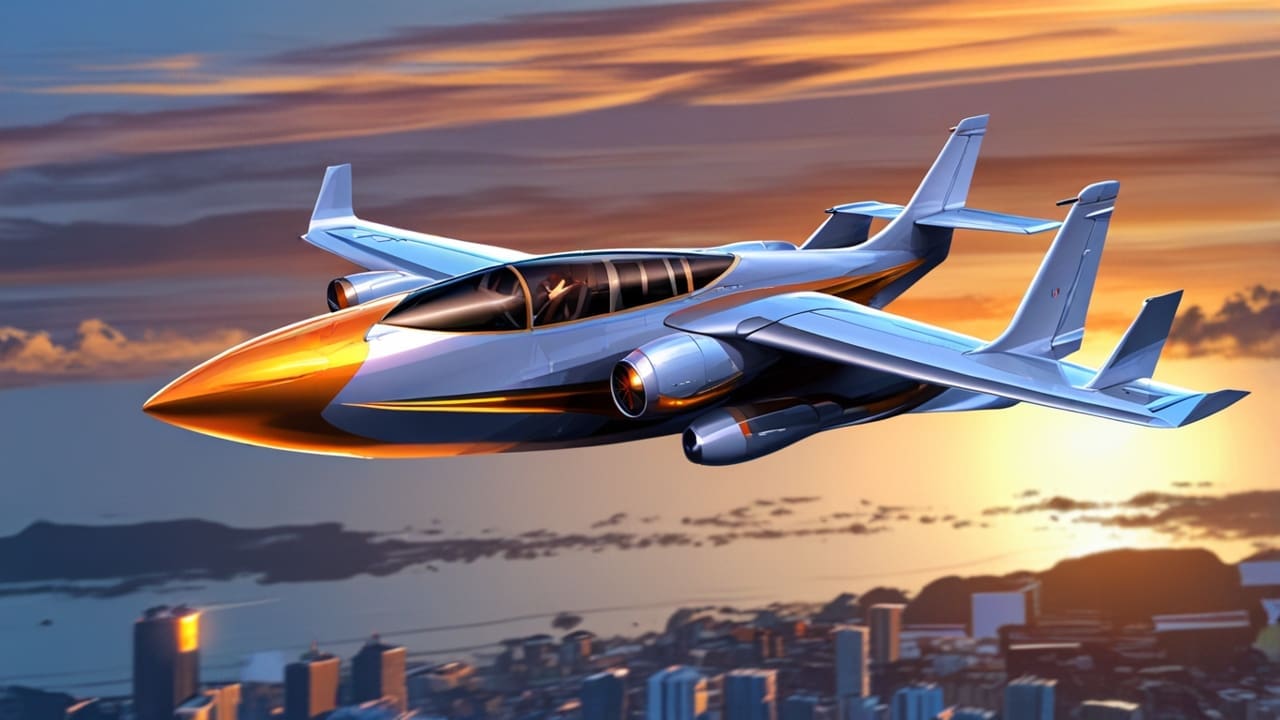 Concepto futurista de avión innovador volando sobre una ciudad moderna al atardecer.