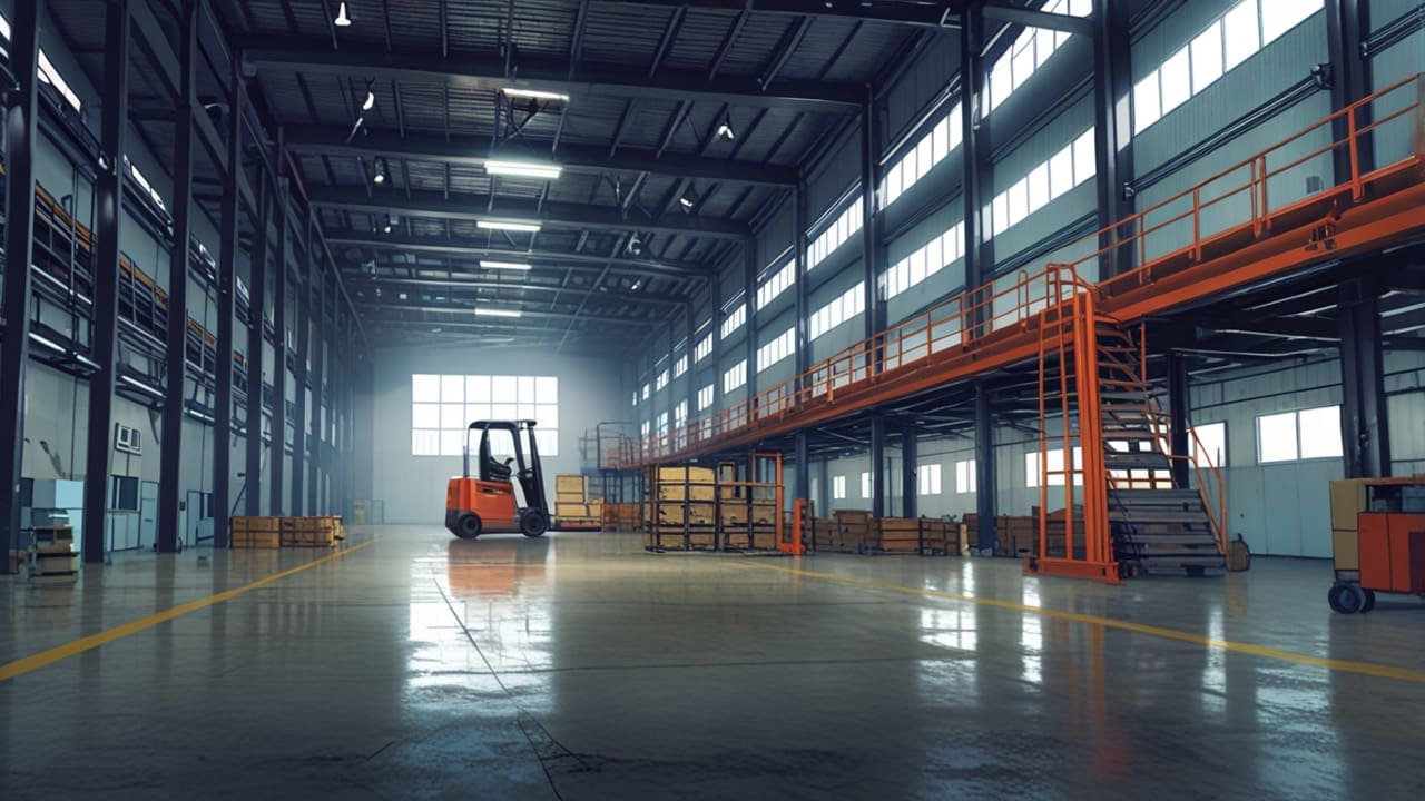 Interior de una nave industrial moderna con carretillas elevadoras remanufacturadas y maquinaria de precisión