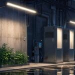 Planta de tratamiento de agua moderna en un entorno urbano iluminada por luces tecnológicas