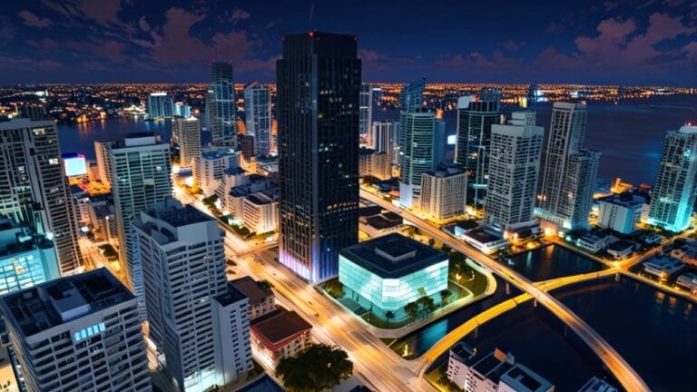 Panorámica aérea del distrito financiero de Miami con rascacielos modernos y luces encendidas al anochecer