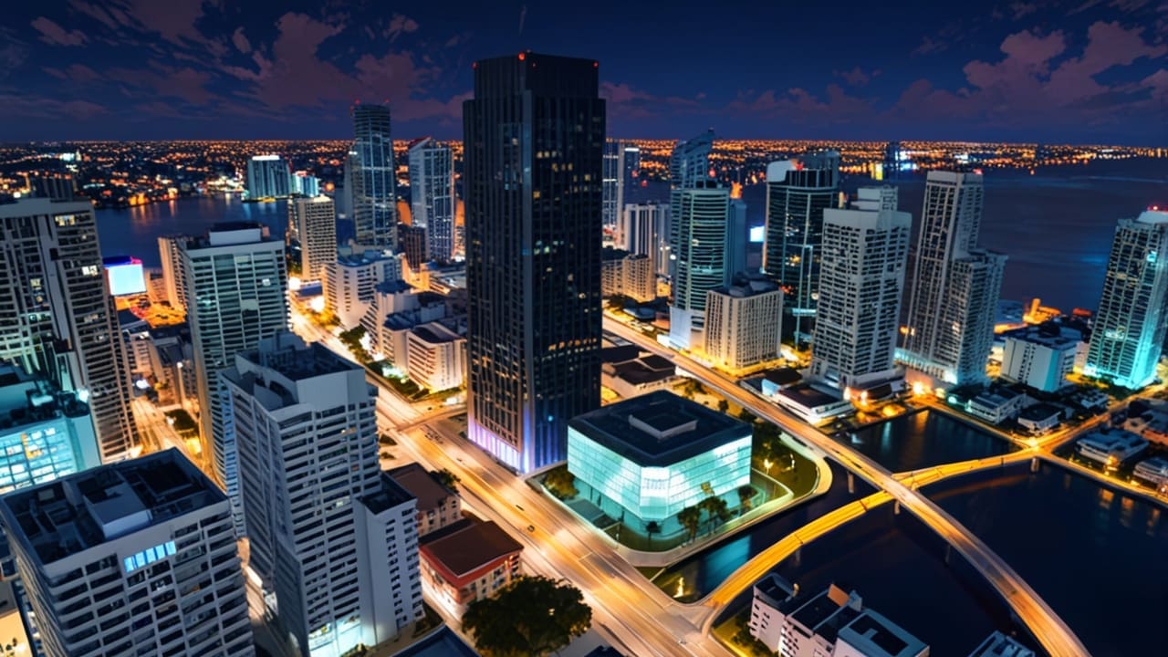 Panorámica aérea del distrito financiero de Miami con rascacielos modernos y luces encendidas al anochecer