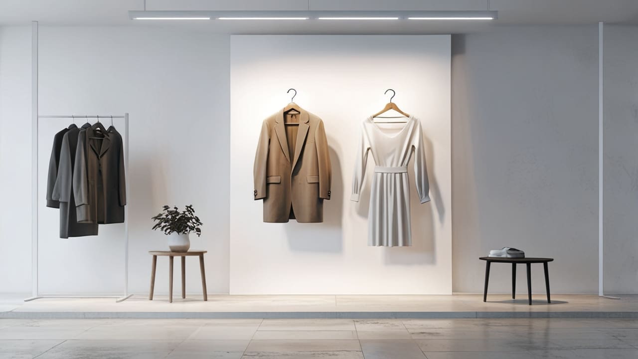 Estudio minimalista con prendas de ropa urbana sobre maniquíes, luz neutra, fondo blanco y detalles modernos