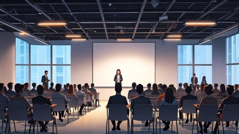 Sala de conferencias moderna con stands tecnológicos y emprendedores conversando en un foro de negocios