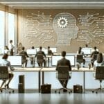 Oficinas modernas con equipos de desarrollo de inteligencia artificial trabajando