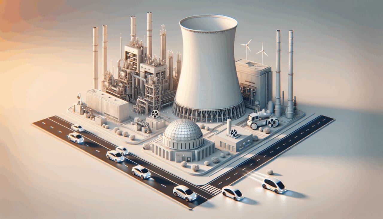 Render 3D de una planta tecnológica con un pequeño reactor nuclear y vehículos autónomos en la carretera