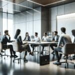 Oficinas modernas de una fintech con empleados en reunión