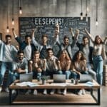 Equipo de jóvenes emprendedores celebrando en una oficina moderna con laptops y pizarras