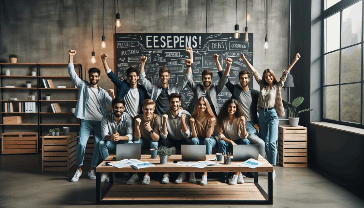 Equipo de jóvenes emprendedores celebrando en una oficina moderna con laptops y pizarras
