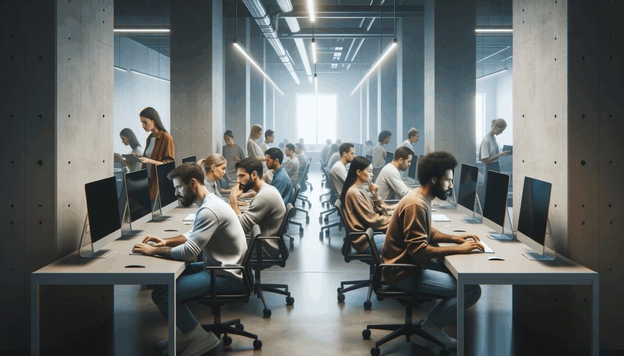Equipo de desarrolladores trabajando con computadoras en una sala de coworking moderna