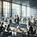 Oficina moderna con equipo de tecnología trabajando en laptops