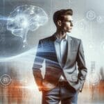 Joven emprendedor con fondo abstracto de inteligencia artificial y tecnología