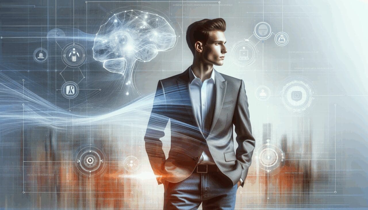 Joven emprendedor con fondo abstracto de inteligencia artificial y tecnología