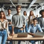 Emprendedores jóvenes reunidos en un espacio de coworking moderno con laptops