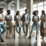 Emprendedores colaborando en un moderno espacio de coworking