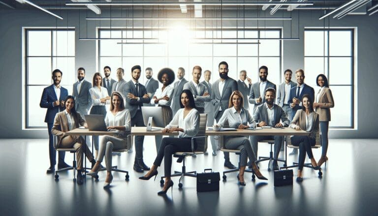 Equipo de emprendedores trabajando colaborativamente en una oficina moderna