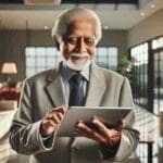 Persona mayor usando una tablet en casa, con ambiente luminoso y moderno