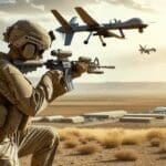 Soldado apuntando a un dron en el aire con un paisaje árido de fondo