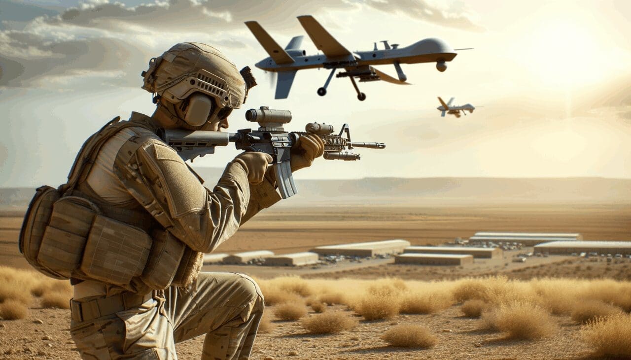 Soldado apuntando a un dron en el aire con un paisaje árido de fondo