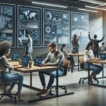 Emprendedores trabajando en laptops en un coworking moderno con pantallas de datos y gráficos tecnológicos