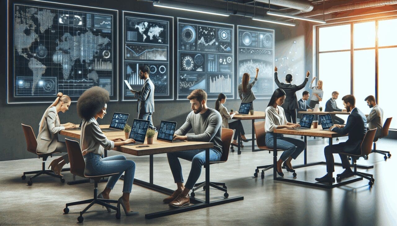 Emprendedores trabajando en laptops en un coworking moderno con pantallas de datos y gráficos tecnológicos