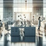 Laboratorio moderno con investigadores trabajando en tecnología energética limpia