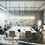 Reunión de trabajo en una oficina moderna con pizarras llenas de ideas y laptops abiertas