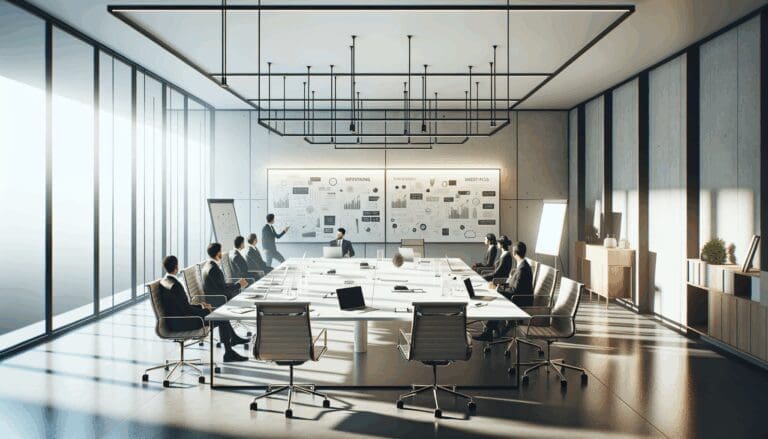 Reunión de trabajo en una oficina moderna con pizarras llenas de ideas y laptops abiertas