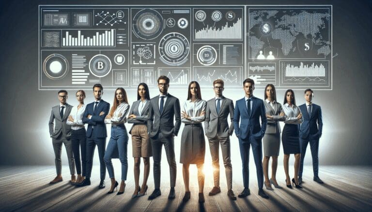 Equipo de jóvenes emprendedores reunidos frente a pantallas con gráficos tecnológicos y banca digital