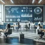 Oficinas modernas de una startup con equipo trabajando frente a pantallas con gráficos de datos