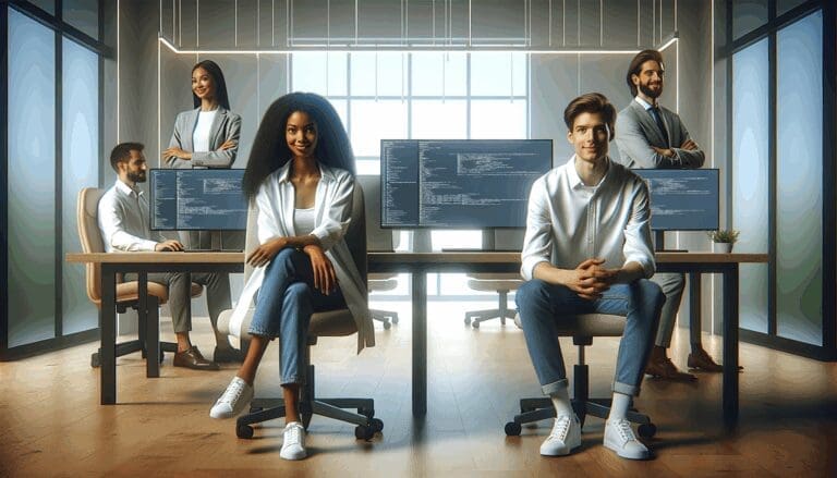 Equipo de desarrolladores en una oficina moderna frente a múltiples pantallas