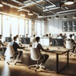 Sala de coworking moderna con programadores trabajando frente a pantallas y luz natural