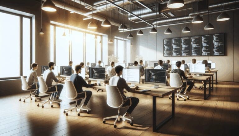 Sala de coworking moderna con programadores trabajando frente a pantallas y luz natural