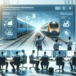 Equipo de desarrollo tecnológico trabajando con pantallas que muestran datos de mantenimiento ferroviario