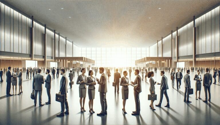 Empresarios y emprendedores interactuando en un moderno centro de convenciones