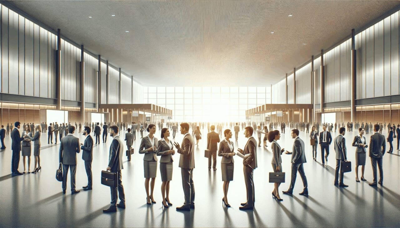 Empresarios y emprendedores interactuando en un moderno centro de convenciones