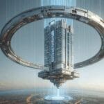 Representación futurista de un rascacielos suspendido en el cielo por una estructura espacial