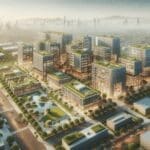 Vista aérea de un centro de innovación con oficinas modernas y zonas verdes