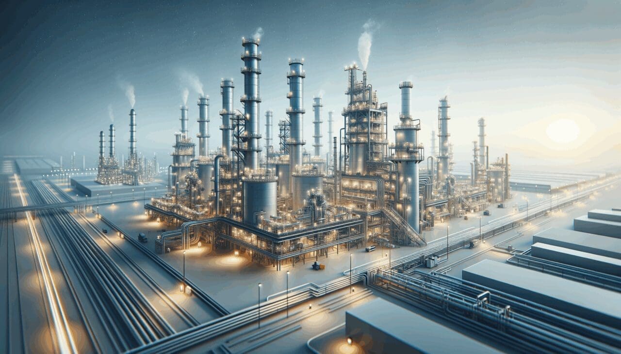 Refinería moderna con infraestructura industrial para la producción de minerales.