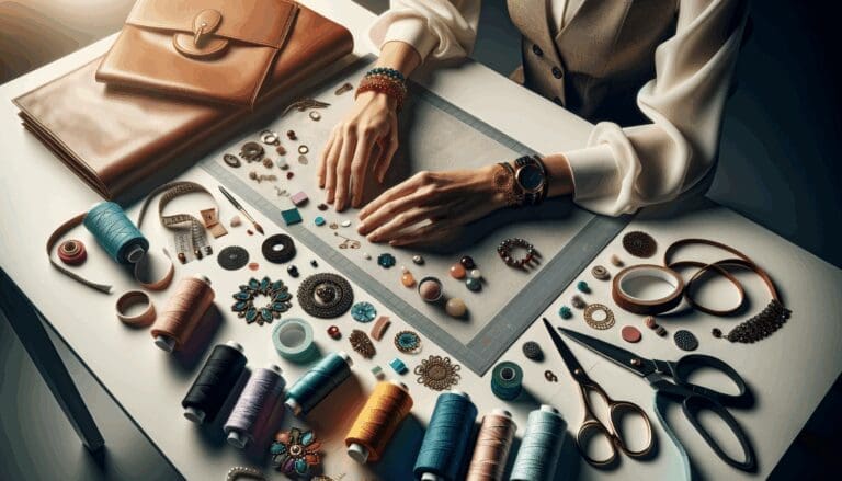 Primer plano de manos diseñando accesorios sobre una mesa con materiales coloridos