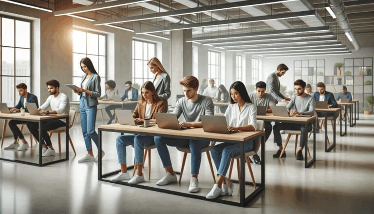 Oficinas modernas con equipos jóvenes trabajando en laptops sobre escritorios compartidos